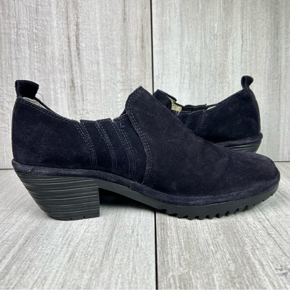 Fly London Dark Blue Suede Heeled Slip On Clog Booties Womens Size 10 EUR 41 - Picture 4 of 12